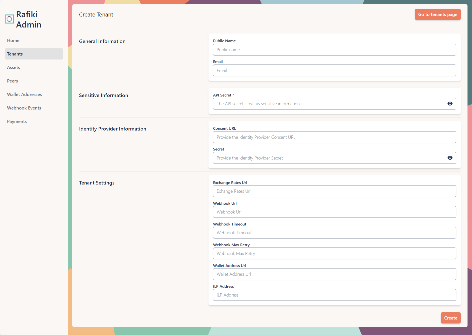 A screenshot of the Rafiki Admin application user interface displaying the "Create Tenant" section. It shows several text fields to configure in order to create a new tenant. A "Create" button is in the lower right.